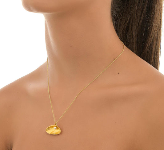 Nature Inspired Pearl Necklace, Mussel Shell Pendant (Gold Plated