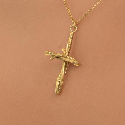 Olive Wood Cross Pendant Necklace, Large, Gold on Silver (Unisex)