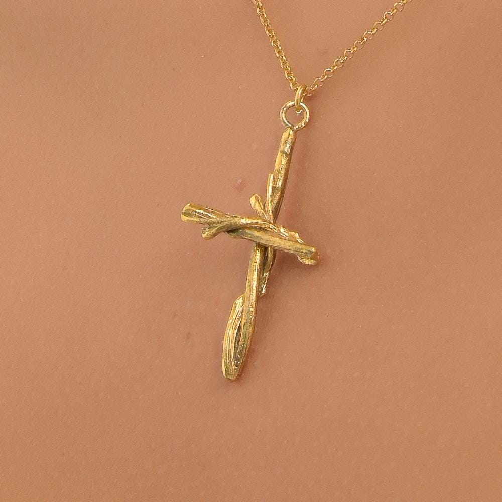 Olive Wood Cross Pendant Necklace, Large, Gold on Silver (Unisex)